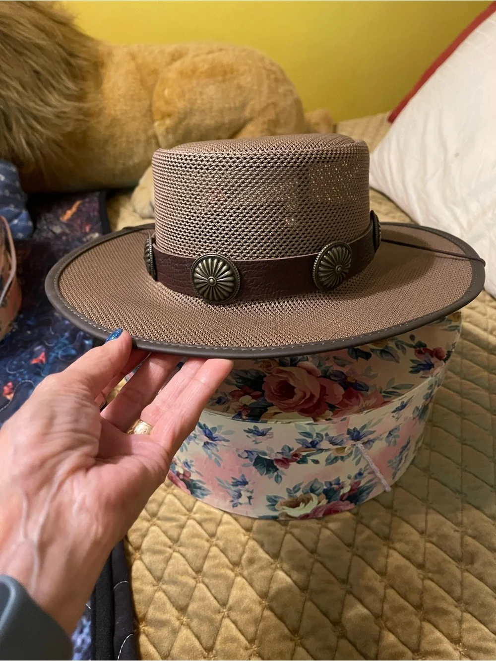 American Hat Makers Brown Mesh Outback Hat with Decorative Band